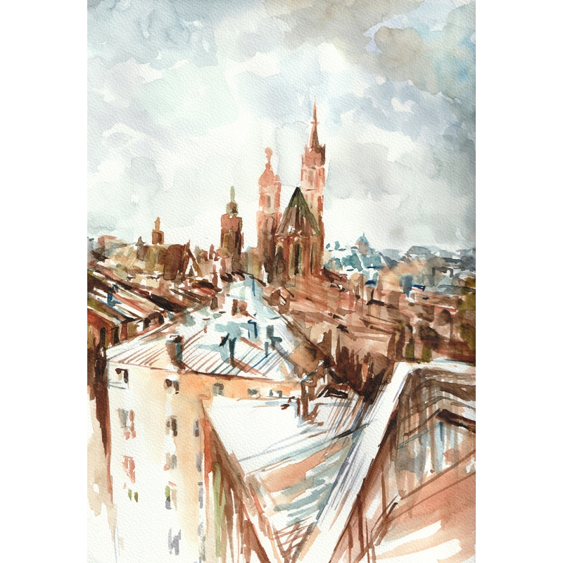 Akwarela Kraków Panorama miasta