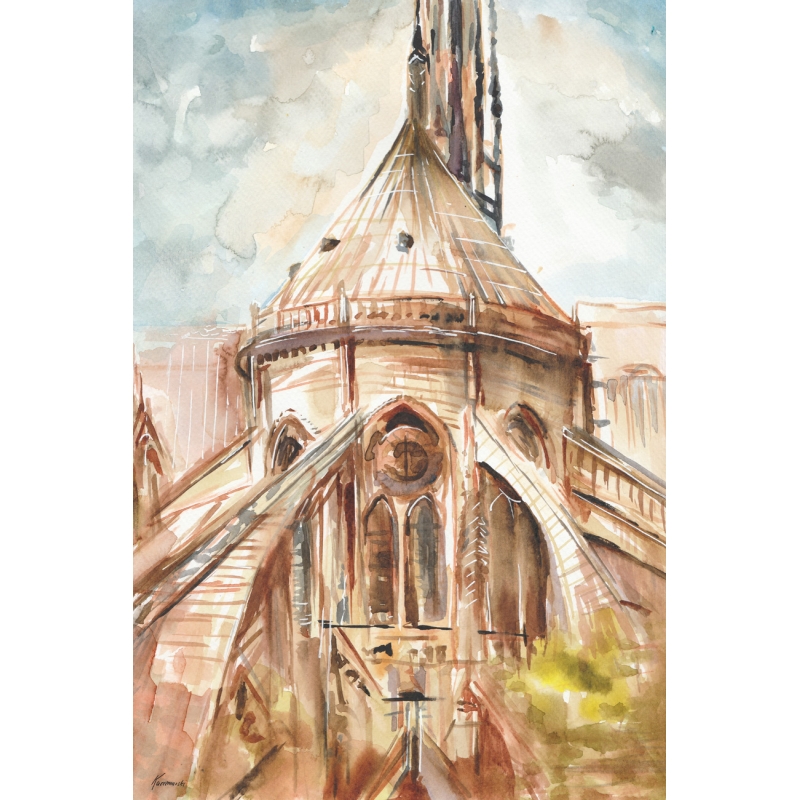 Akwarela - Notre Dame - Widok na katedrę w Paryżu