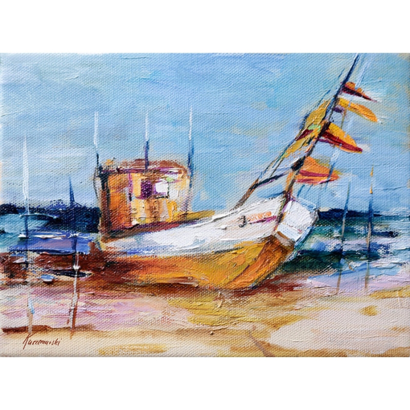 Port rybacki nad Bałtykiem - obraz olejny ręcznie malowany