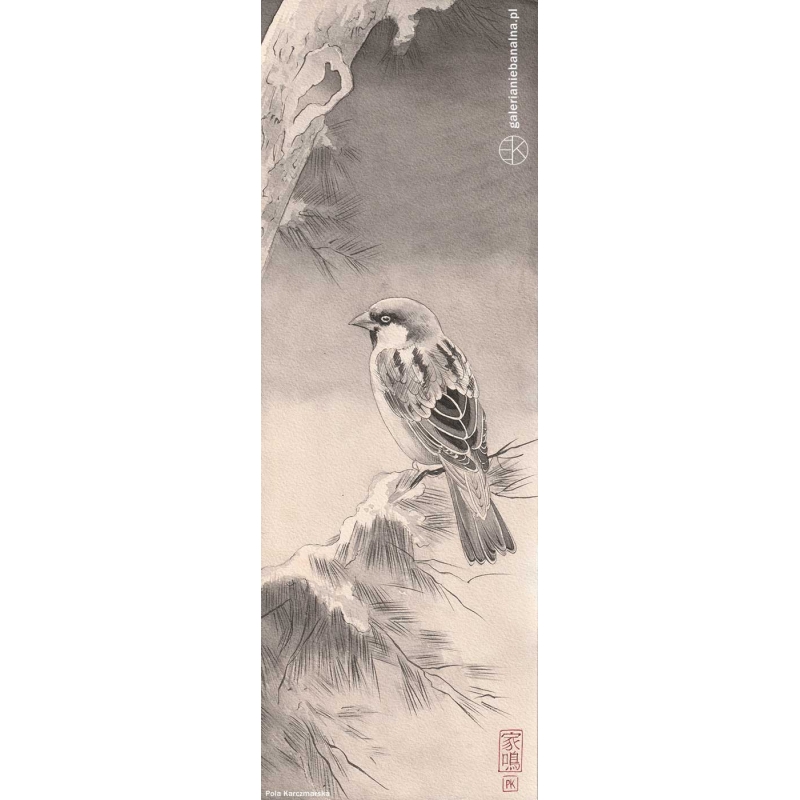 Wróbel ilustracja malowana tuszem